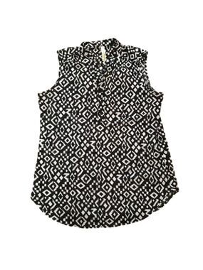163.Sleeveless Blouse Semi Sheer Geometric Black & White Pattern.